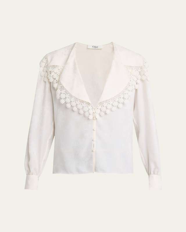 Floral-Trim Printed Silk Blouse